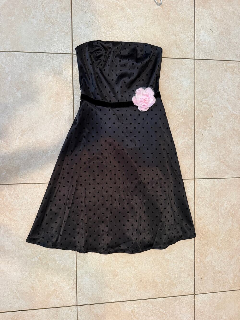 Ruby Rox Black Polka Dot Strapless Fit & Flare Party Dress Pink Flower Size 7